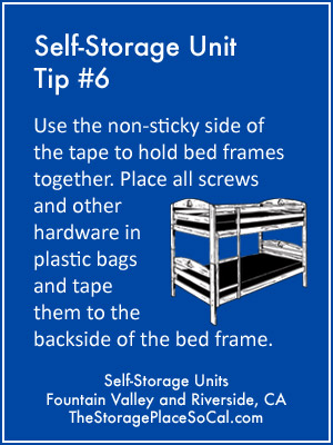 Self-Storage Tip 6: Use the non-sticky side of the tape to hold bed frames together.