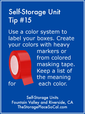 Self-Storage Tip 15: Use a color system to label your boxes.